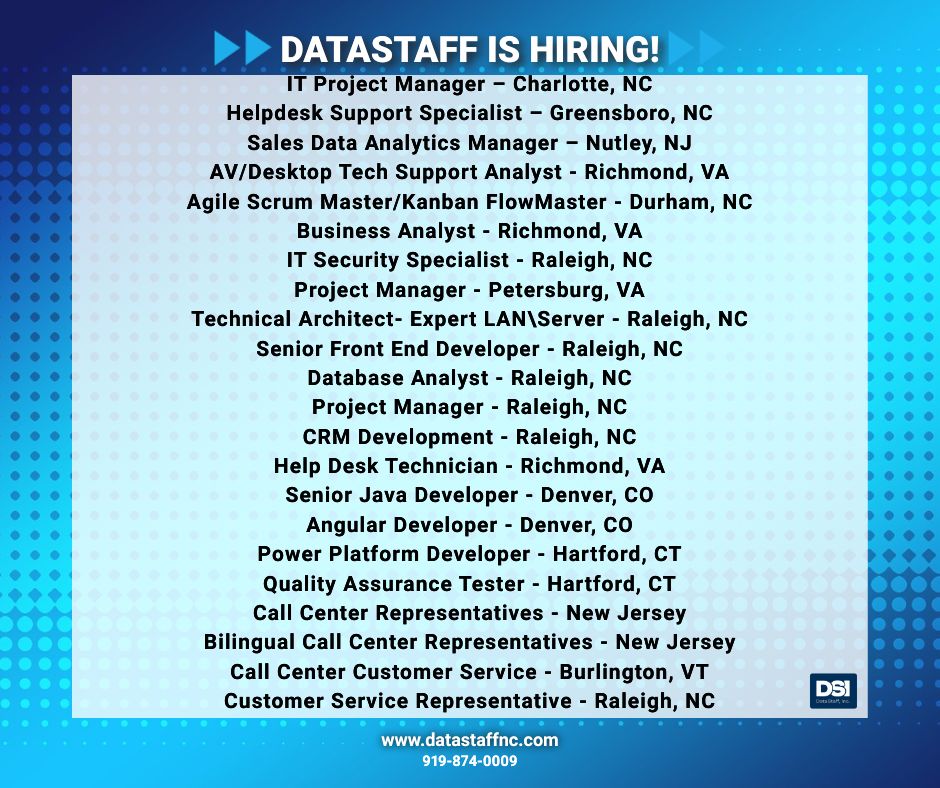 DataStaff's tweet photo. Happy Friday and Happy Cinco de Mayo! We have so many great opportunities to share with you this week!

Click on this link for complete job descriptions and to apply:
https://t.co/MZ7FrUCA0g

#hiring #jobs #remote #cincodemayo https://t.co/dAGO3eIFWO