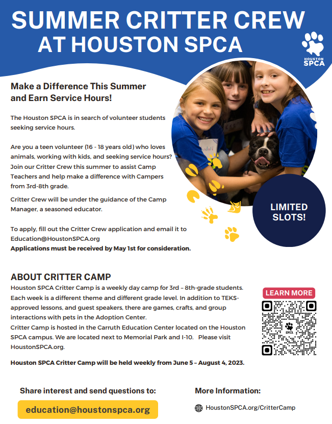 Are you a volunteer who loves animals, working with kids, and seeking service hours? Join @HoustonSPCA Critter Camp this summer to assist Camp Teachers and help make a difference with Campers from 3rd-8th grade.