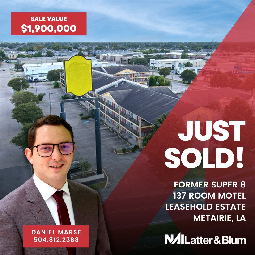 💥Just Sold💥 Congratulations to Daniel Marse, CCIM on his recent sale of a 137 room motel in Metairie, LA!
•
•
#cre #hospitality #motel #hotel #nailatterblum #naiglobal #louisiana