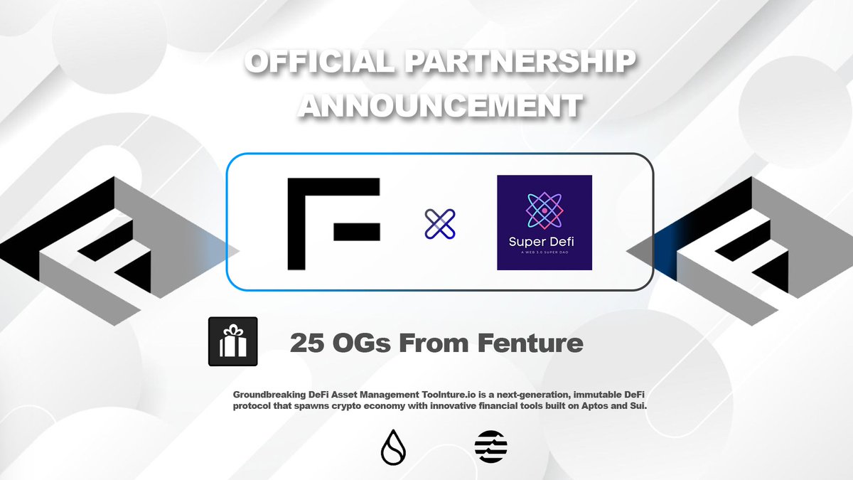 🤝New Partnership Announcement With <a href="/FentureFinance/">Fenture AI | 1XP = 1$FFD Solana | Sui | Aptos |</a> 

🎁 Giveaway Total :- 25 Ogs 

➡️ To Enter -
1️⃣ Follow <a href="/FentureFinance/">Fenture AI | 1XP = 1$FFD Solana | Sui | Aptos |</a> &amp; <a href="/SuperDefi_Dao/">SuperDefi</a>
2️⃣ Like, RT, Tag 3 Friends 🔔
3️⃣Must Join Our Telegram
t.me/SuperDefi_Dao
4️⃣ Join Project Discord
discord.gg/w6MWJ7Ed

⏰48 Hour's