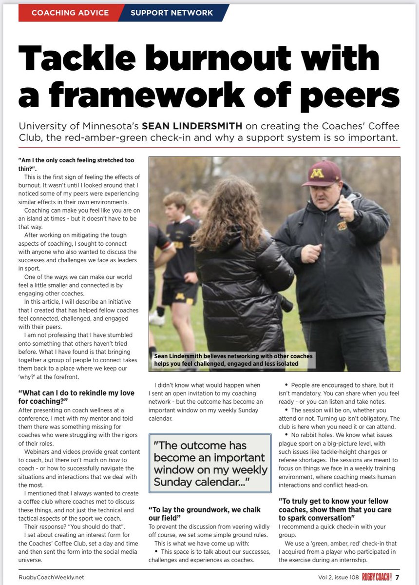 I am proud to share my 1st article on <a href="/RugbyCoachWeek/">Rugby Coach Weekly</a> 

Coach wellness is that I am passionate about. 

I want my friends to stay in the game they love! I’m grateful to <a href="/Dan_Cottrell/">Dan Cottrell</a> for working with me  🙏 More to come…

Read the article here: rugbycoachweekly.net/rugby-coaching…

#rugby