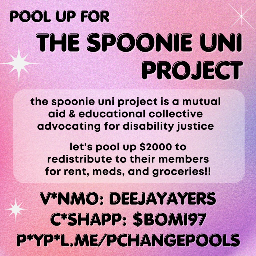 pc_pools's tweet photo. would you look at that it’s a ✨pool day✨again 😱😱 today we’re pooling up for @spoonieuni, a kickass collective people working for disability justice 🤩🤩 funds will go to their members for rent, meds, and groceries!! 😤😤 

🗣️send us some 💵 at v*nmo, c*shapp, or p*ypal!!! https://t.co/a9hYld4NOx