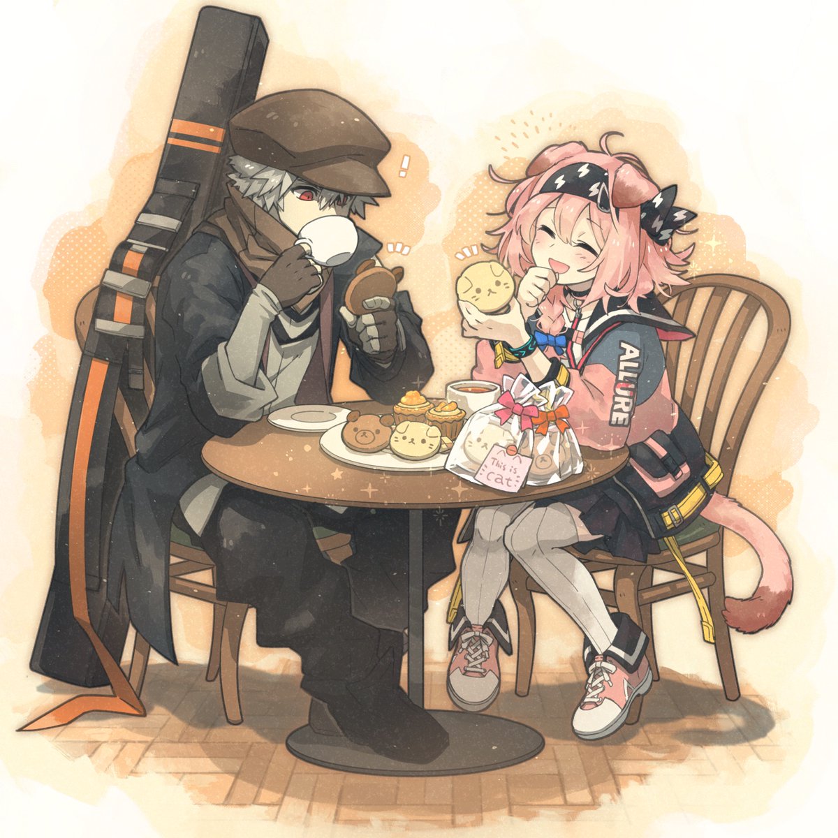 goldenglow (arknights) 1girl 1boy cat ears sitting pink hair animal ears cat girl  illustration images