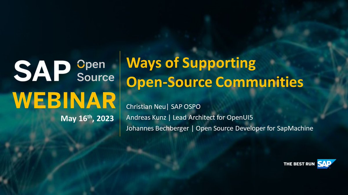 Look out for the next upcoming @sapopensource webinar: 'Ways of Supporting Open-Source Communities' on 16 May. All details and how to register 👉 webinars.sap.com/ospo-webinar-s…