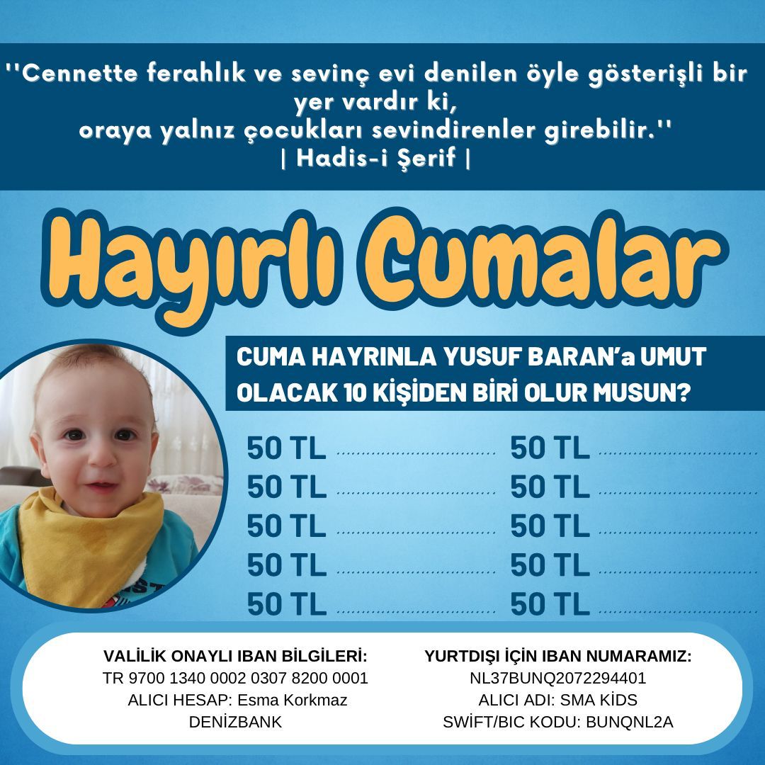 Cennette ferahlık ve sevinç evi denilen öyle gösterişli bir yer vardır ki, oraya yalnızca çocukları sevindirsinler girebilir.(Hadis-i Şerif)

Tim müslüman aleminin Cuma günü mübarek olsun. Bugün sizler de evladımızın yaşaması için destek olacak 10 kişiden birisi olur musunuz?