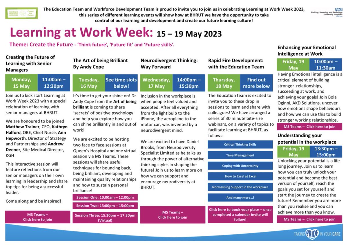 BHRUT Career Maps (@bhr_careermaps) on Twitter photo #LearningAtWorkWeek is coming to <a href="/BHRUT_NHS/">BHRUT NHS 🏥</a> from Monday 15 to Friday 19 May 23! 📢📢 we are so excited to welcome all of our colleagues to com along to our many interactive events to the true power of learning!! To learn more/ get your place direct message us or check workplace! #LearningAtWorkWeek is coming to <a href="/BHRUT_NHS/">BHRUT NHS 🏥</a> from Monday 15 to Friday 19 May 23! 📢📢 we are so excited to welcome all of our colleagues to com along to our many interactive events to the true power of learning!! To learn more/ get your place direct message us or check workplace!
