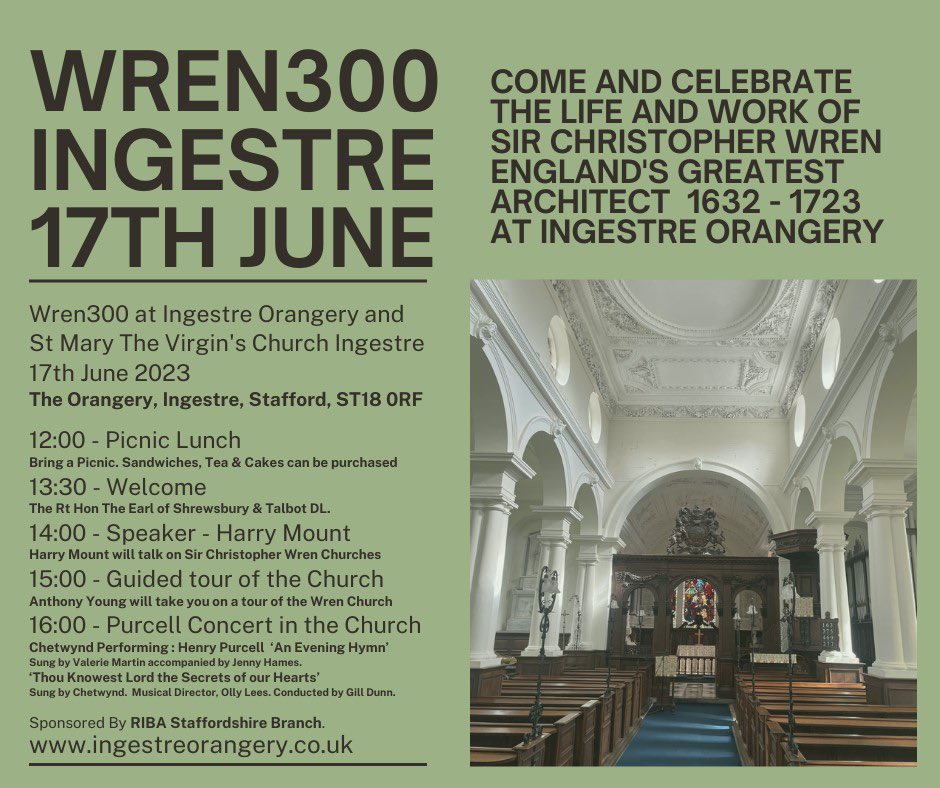 Come and celebrate the life and work of sir Christopher wren England’s greatest architect 1632 - 1723 at Ingestre orangery
RSVP - Book your place with eventbrite - 
eventbrite.co.uk/e/wren-300-tic…
