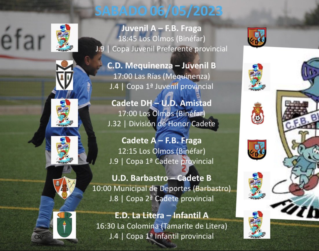 futbolbasebinef's tweet photo. Nueva jornada!

Sábado cargado de partidos para nuestros equipos que ya encaran el tramo final de la temporada. Vamos chicos!🔥👏🏻

Atento a las imágenes y consulta los horarios de todos los partidos! 😉 https://t.co/0Zc6K1OHx8