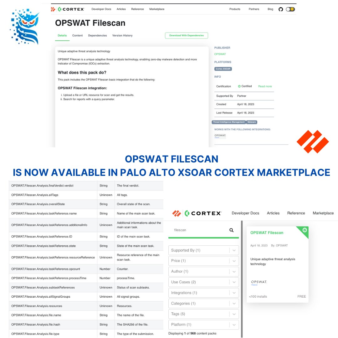 filescan_itsec's tweet photo. Interation Feature! We are now integrated into
@PaloAltoNtwks marketplace! Search for 'OPSWAT Filescan' and learn more about the integration here: https://t.co/H7ykVhKA9b
#DFIR #soar #orchestration #filescan #OPSWAT #malware #analysis https://t.co/DeNaSmaQMc