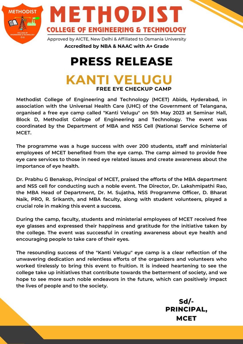 MCETHyderabad's tweet photo. #MethodistCollegeofEngineeringandTechnology in association with the #UniversalHealthCare of the Government of Telangana, organised a #FreeEyeCamp called #KantiVelugu on 5th May 2023. The event was coordinated by the #DepartmentofMBA and #NSSCell.
#MCET #FreeEyeCheckupCamp #Eyes https://t.co/cQd70GEVqU