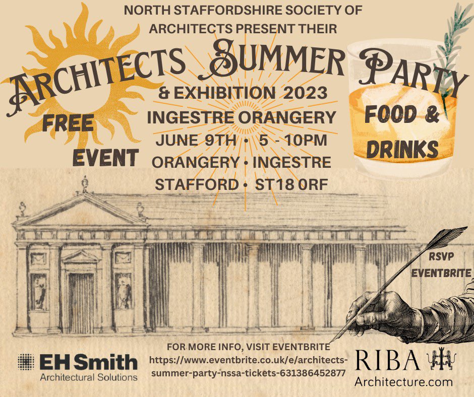 The North Staffordshire Society of Architects present their Architects summer Party 
This is a free event open to all Construction professionals- please book a place on eventbrite- eventbrite.co.uk/e/architects-s… 
#Architecture #IngestreOrangery #RIBA