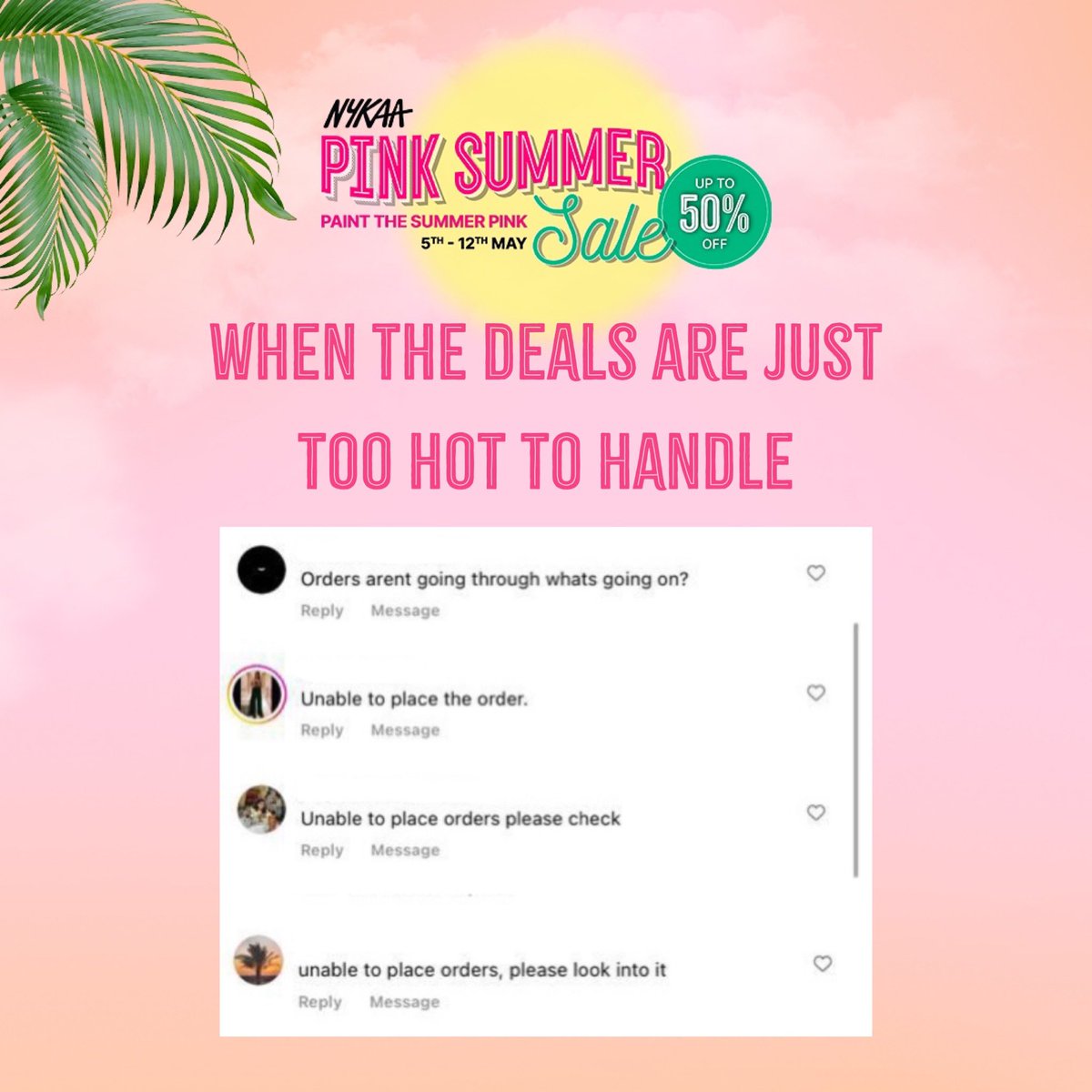 The deals got too hot 🥵 We took break to cool down, and are up and running again. ✨☀️ Go checkout NOW! 🏃🏾‍♀️🛒 Before stock runs out #Nykaa #NykaaApp #NykaaSummerSale #PaintTheSummerPink #SummerSale #sale #saleislive #happyshopping #continueshopping