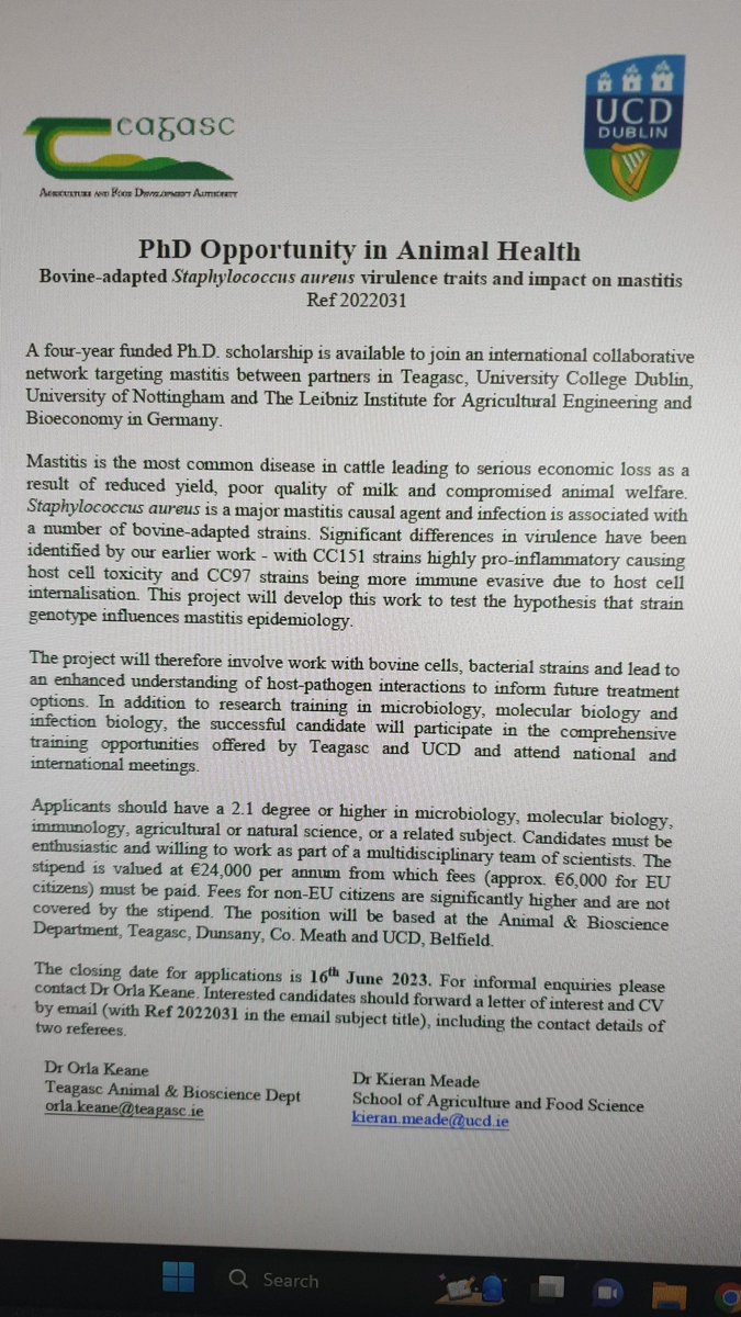 Fancy making a contribution to our scientific understanding of one the  most challenging issues in Animal Science? We have a funded PhD position on bovine mastitis with Dr Orla Keane of <a href="/teagasc/">Teagasc</a> &amp; <a href="/ucdagfood/">UCD School Ag & Food</a>. Exciting training in microbiology, immunology and genomics! Please RT.