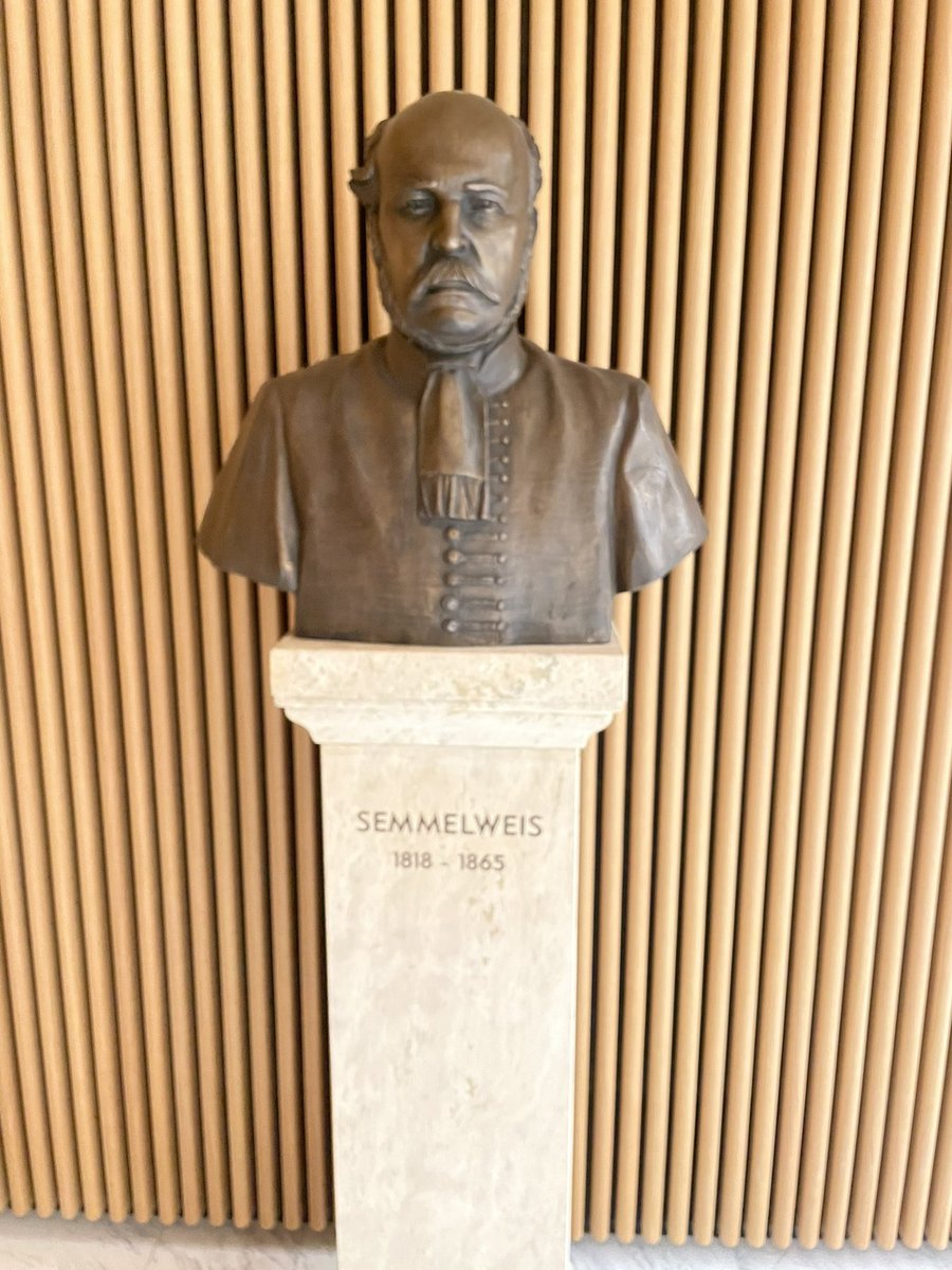 Alaa__Hashish's tweet photo. Standing beside the statue of Dr. Semmelweis, the #Godfather of #handhygiene, who in mid-19 cebtury introduced a #policy of hand washing with a chlorinated solution between patient visits. This led to a significant reduction in the incidence of #puerperal fever. https://t.co/5orFXduEQb