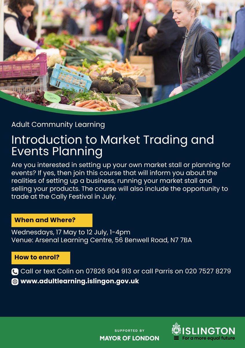 Interested in setting up your own market stall or planning for events?
Introduction to Market Trading &amp; Events Planning is for you!
A free course, starting May at Arsenal Community Hub, with a chance of a free pitch at the Cally Festival &amp; White Cross St Party in July-More info👇