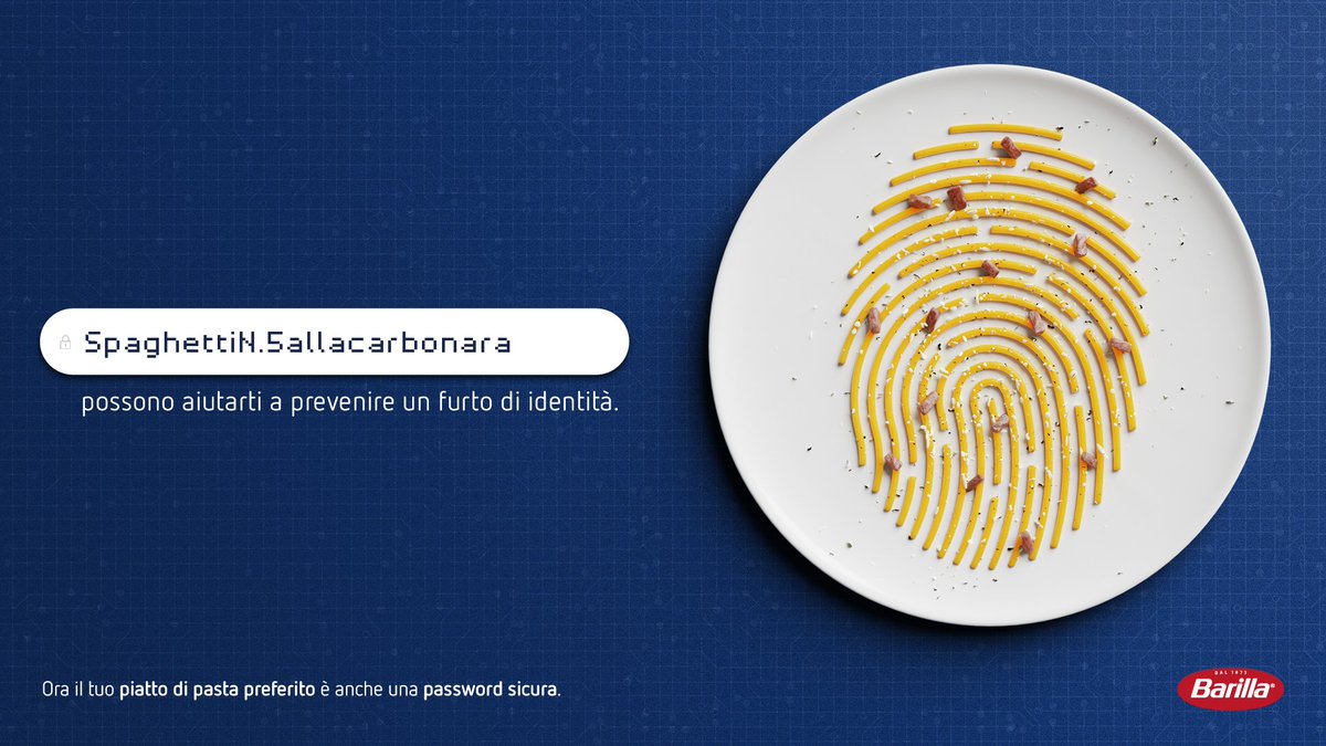 wearesocialit's tweet photo. Con #p4s5TaWOrD in occasione del #WorldPasswordDay, insieme a @Barilla, abbiamo voluto invitare gli italiani a cambiare le vecchie password con delle passphrase molto più sicure ma semplicissime da ricordare: il proprio piatto di pasta preferito.
#PASSTAWORD #WorldPasswordDay https://t.co/rv90LcUP0c