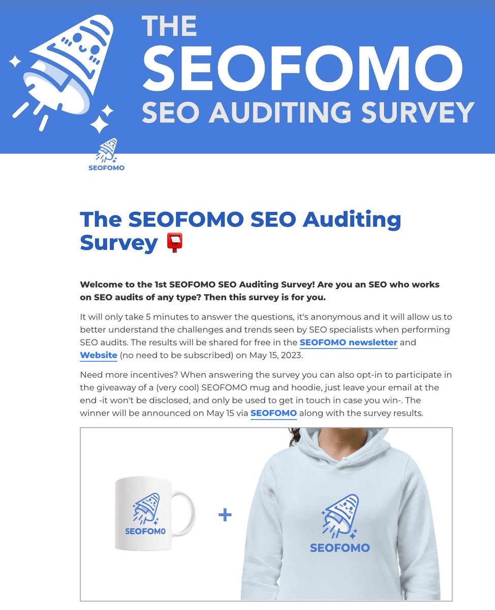 Announcing the #SEOFOMO SEO Auditing Survey 📮  

Are you an SEO who works on SEO audits of any type? Then this survey is for you! 

Just answer the questions (takes less than 5 min) and get the chance to win an SEOFOMO cup + hoodie 👀👇📮 

tally.so/r/w4QWJY