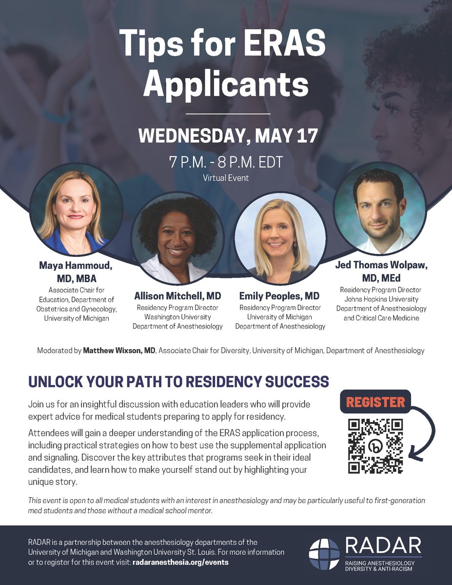 Attention ERAS applicants! Join education leaders from #WashUanesthesia, @UMichAnesthesia & @HopkinsACCM on May 17 at 7p EDT to get insider tips on how to make your application stand out. Register today! #RADARmovement ow.ly/XaqB50NB8pI