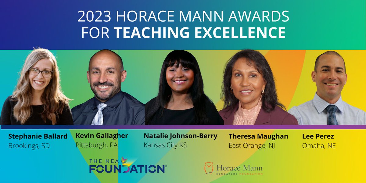 Congratulations to the winners of <a href="/NEAFoundation/">The NEA Foundation</a> and Horace Mann Education Foundation’s 2023 Horace Mann Awards for Teaching Excellence! <a href="/LanguagePerez/">Lee Perez</a> <a href="/StephBallard09/">Stephanie Ballard</a> <a href="/theresa_maughan/">tmaughan, 2022 NJSTOY</a> @mrkg248 <a href="/NJB4Change/">Natalie Johnson-Berry, “J.B”</a>