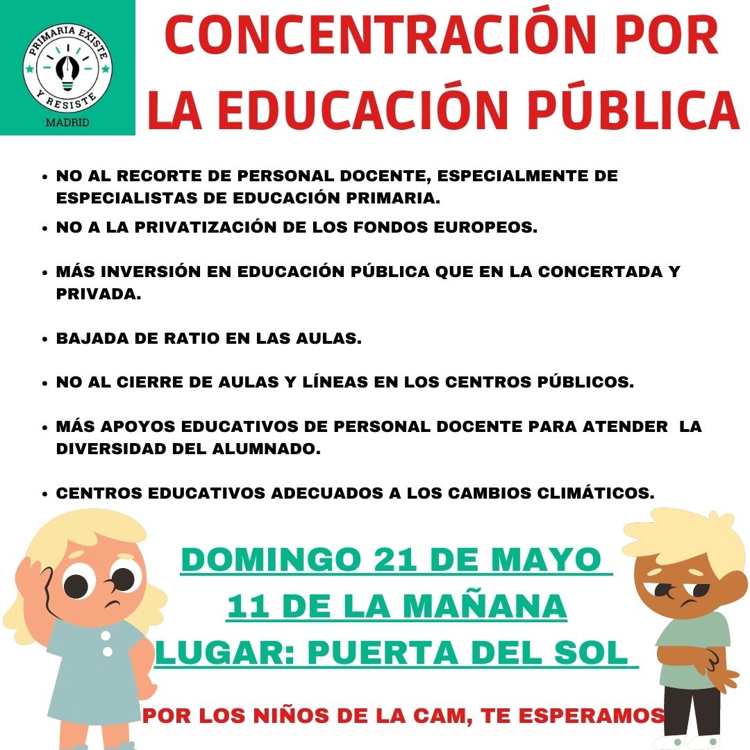 Domingo 21 de mayo a las 11 de la mañana nos vemos en la Puerta del Sol.¿Para qué?
 Para pedirle al gobierno de la Comunidad de Madrid que acabe con los recortes en Educación Pública, que tanto están perjudicando a los niños y niñas madrileños. 
Ayúdanos a difundir 💪