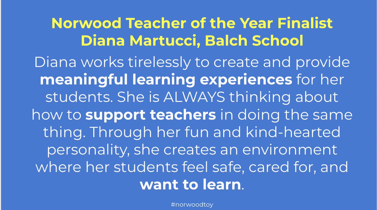The countdown to the 2023 Norwood Teacher of the Year Award begins today with the reveal of our first of five finalists. Congratulations to Diana Martucci of the Balch School.
#norwoodtoy <a href="/Balchbears1/">Diane Ferreira</a> <a href="/NorwoodSchools/">NPS</a>