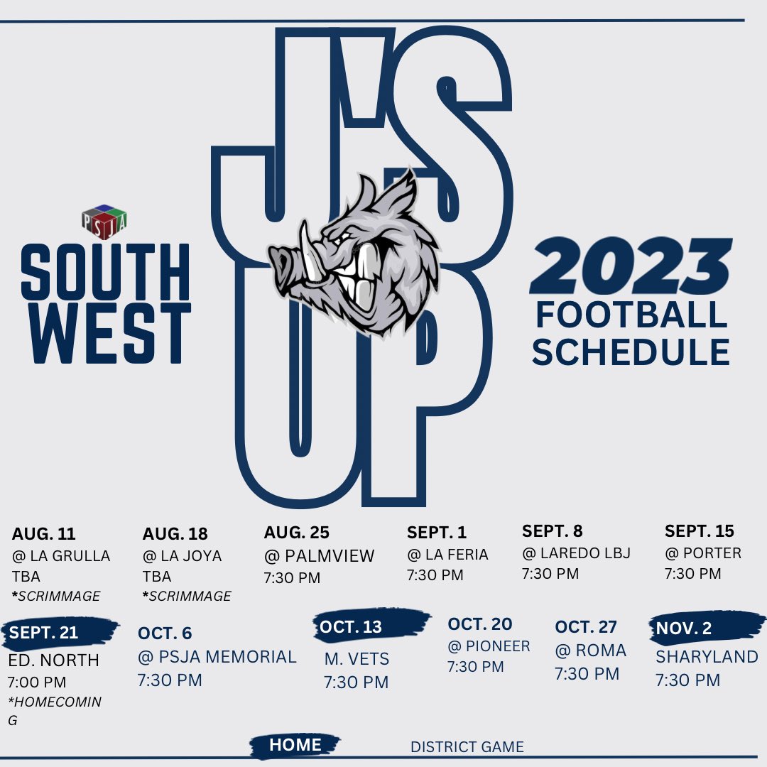 2023 Football schedule is out 🐗🏈
@SWJavelinas