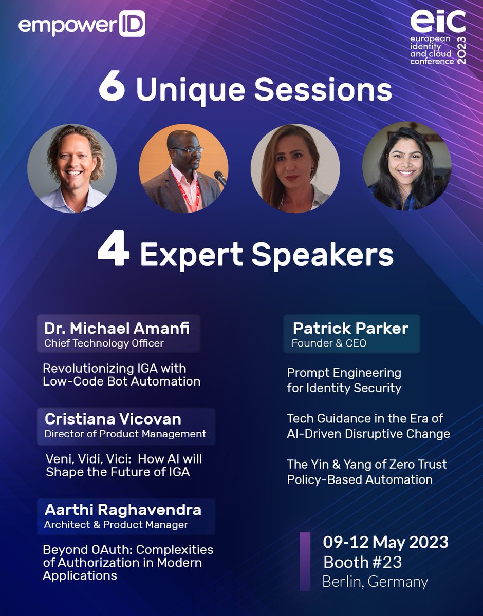 Less than a week remaining for <a href="/kuppingercole/">KuppingerCole Analysts</a>'s #EIC2023! Catch 6 unique sessions on the latest in #Identity by our panel of experts. 

Don't forget to visit us at Booth #23. 

Register now: bit.ly/3Ltlsdm