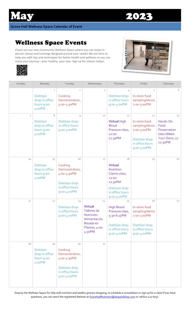 There are some great wellness classes coming up this month hosted by the Stop &amp; Shop Nutrition Partners! If you are looking to learn more about healthy eating tips, or just to connect with the community, check out these free resources &amp; come talk to us on the van for more info!