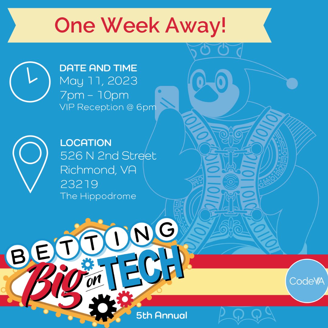 Betting Big on Tech is only one week away! Tickets are still available for our 5th Annual Casino Night fundraiser! Have a fun night out while raising money for Computer Science Education!