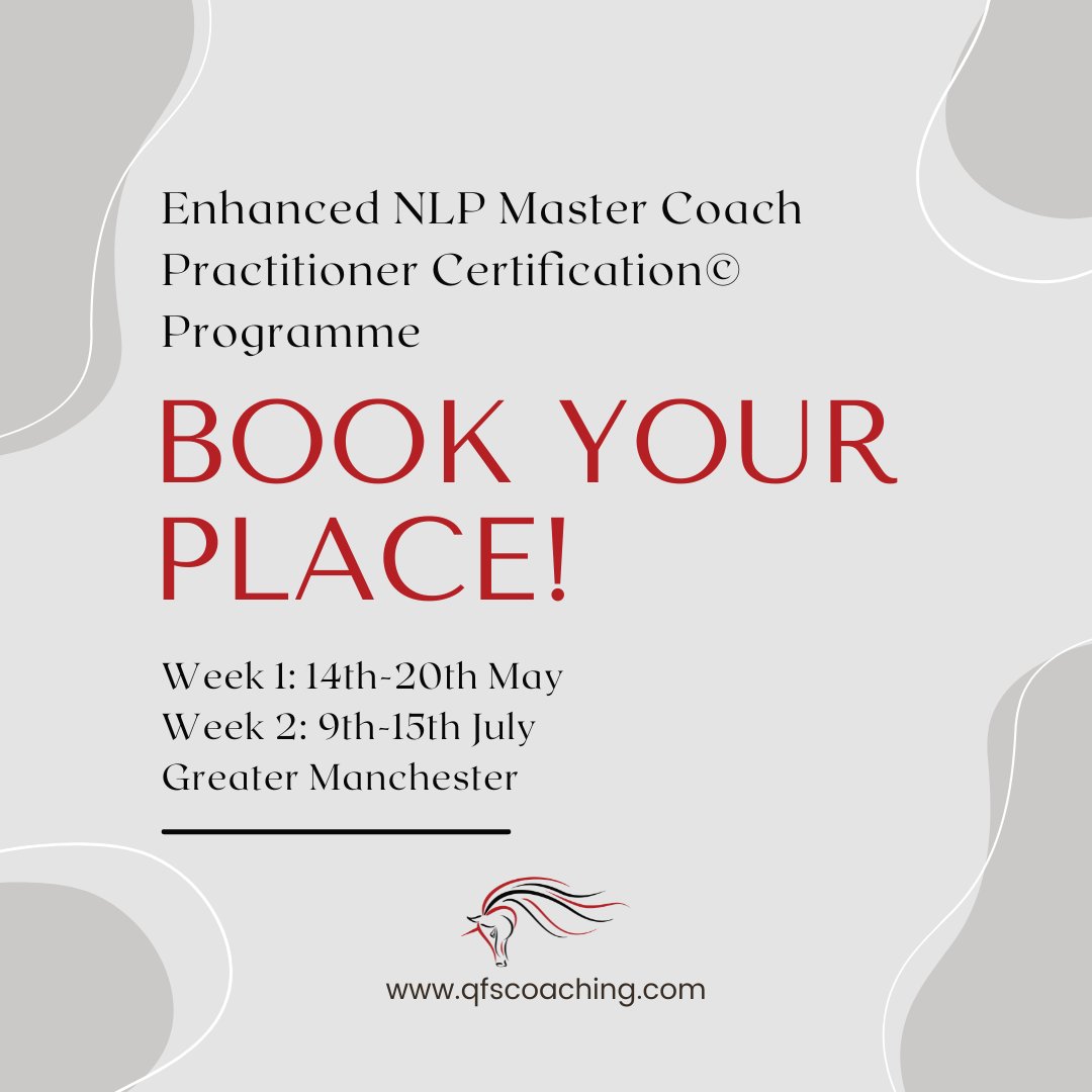 QFS_NLPTraining's tweet image. 14 Days of Enhanced Master Practitioner Training, culminating in the award of 4 professional certifications:
✅ #NLPMaster Practitioner
✅ NLP Master Coach
✅ Time Line Therapy® #MasterPractitioner
✅ #Hypnosis Master Practitioner

Sign up! qfscoaching.com/intensive-nlp-… 🙌

#NLPcoach