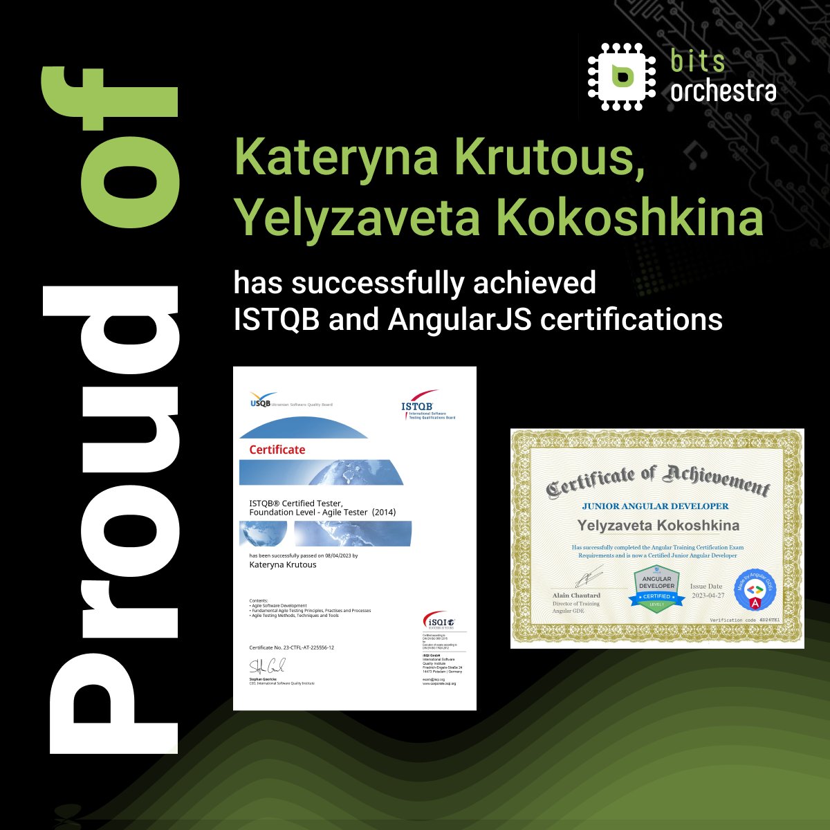 Kateryna Krutous successfully received the ISTQB® Certified Tester certificate. And Yelyzaveta Kokoshkina successfully received a Junior Angular Developer certificate. Keep up the excellent work!

#istqb #istqbcertificate #angularcertificate #success