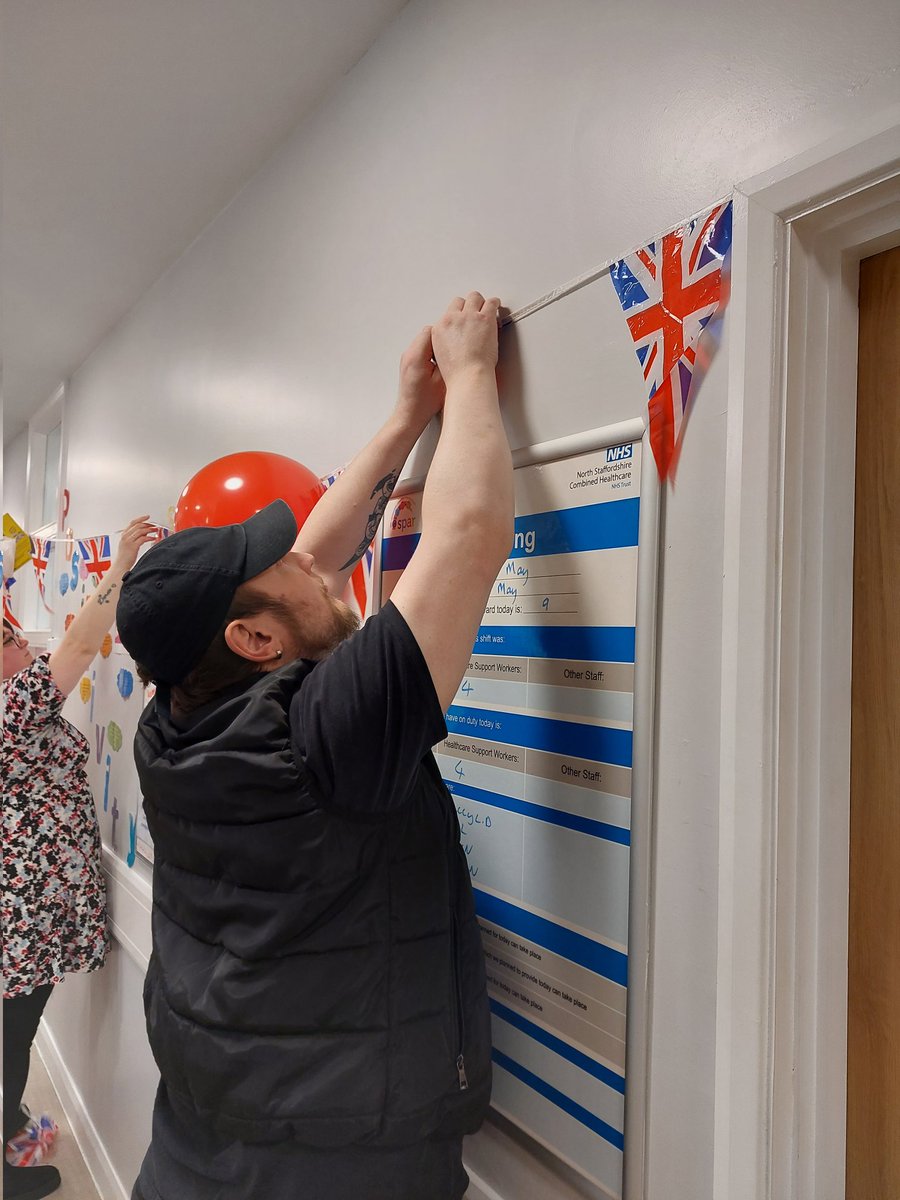 RehabCombined's tweet photo. Service users and staff getting #CoronationWeekend ready here at @SummersView #redwhiteandblue #KingCharlesIIICoronation https://t.co/Gn8hPQpmNK