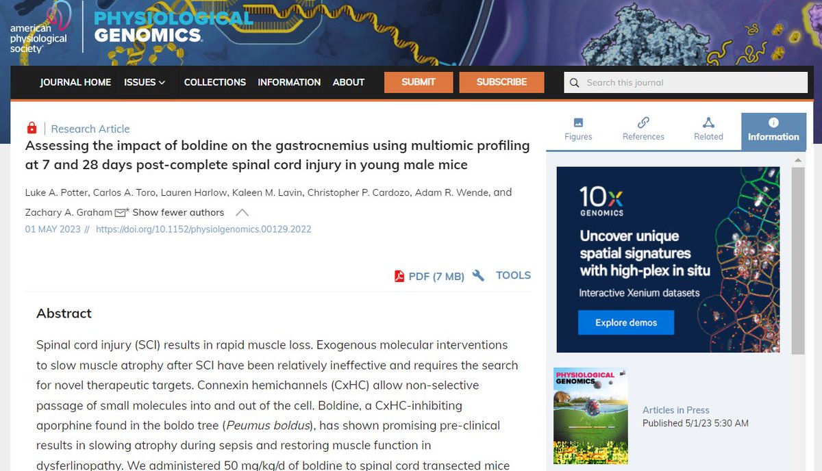 This is the first study to describe the multiome of #SkeletalMuscle paralyzed by a #SpinalCordInjury in mice across the acute & subacute timeframe after injury. Now out in #PhysiologicalG!
ow.ly/WJrT50OaXcE
@LukeSkyrunner @AdamWende #metabolomics #paralysis #transcriptomics
