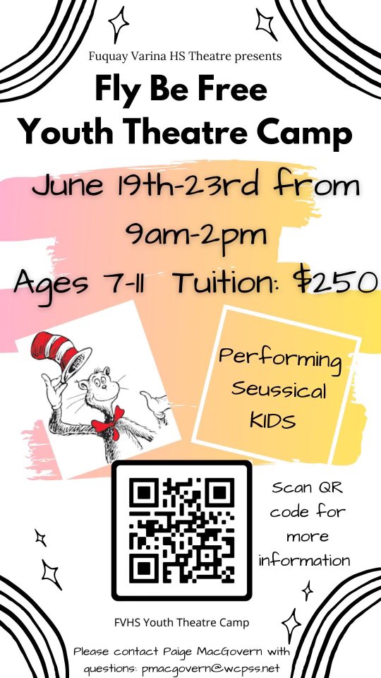 fvhs_theatre's tweet image. Our first ever YOUTH THEATRE CAMP!! We are so excited to be offering this to our community and cannot wait to see what happens! For ages 7-11 from June 19-23 we are going to work to present SEUSSICAL KIDS!! Link in bio to sign up now!!!