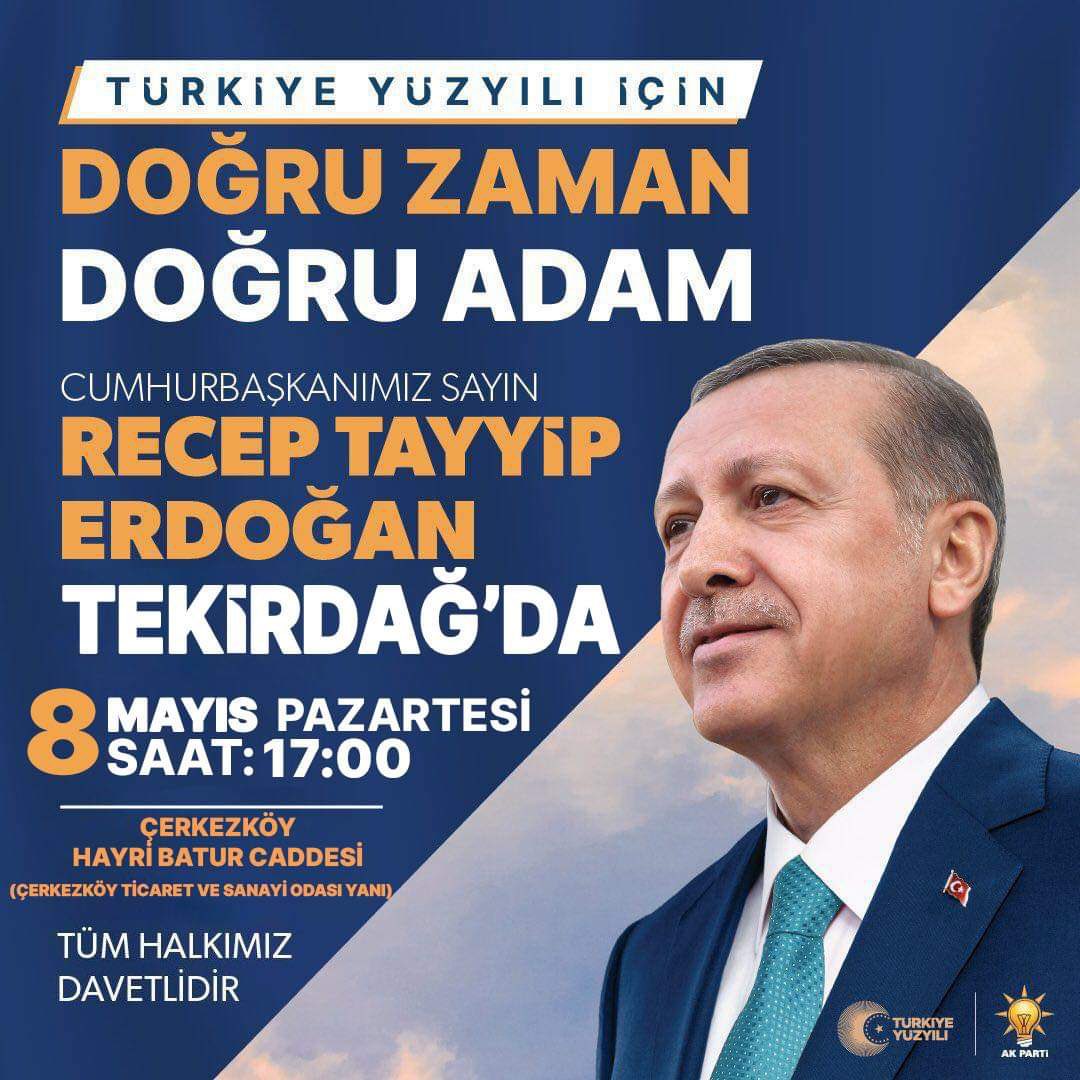 akgenccerkezkoy's tweet photo. Geliyor Gönlümüzün Efendisi;

Cumhurbaşkanımız ve Genel Başkanımız Sn. Recep Tayyip Erdoğan Çerkezköyde vatandaşlarımız ile buluşuyor. Tekirdağ Mitinginde görüşmek dileğiyle..

🗓️ 8 Mayıs Pazartesi
🕓 17.00
📍 Çerkezköy Hayri Batur Caddesi
        (Ticaret ve Sanayi odası yanı) https://t.co/6lntlxCTD8