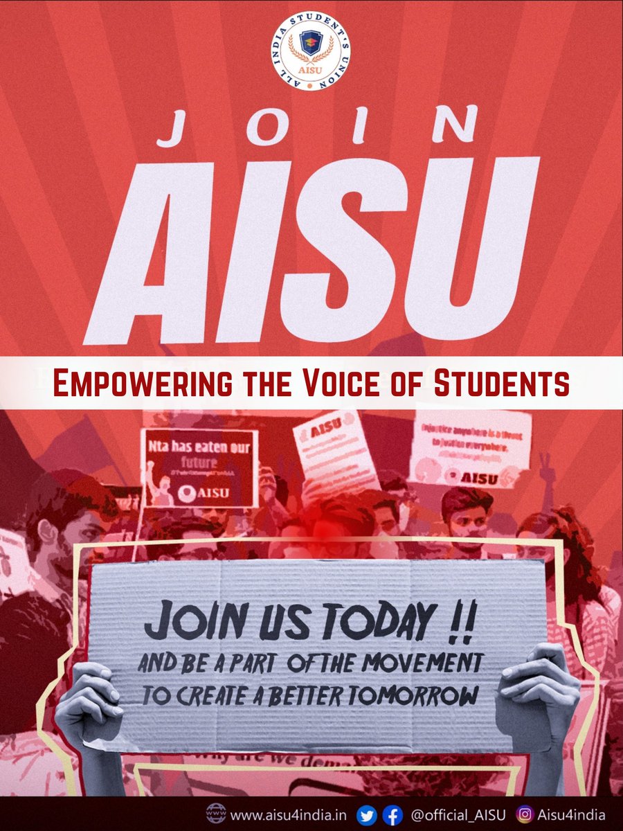 Join AISU, the All India Students Union, and be a part of a movement dedicated to empowering the voice of students and shaping the future of education in India. @Official_AISU

docs.google.com/forms/d/1WvsEw…