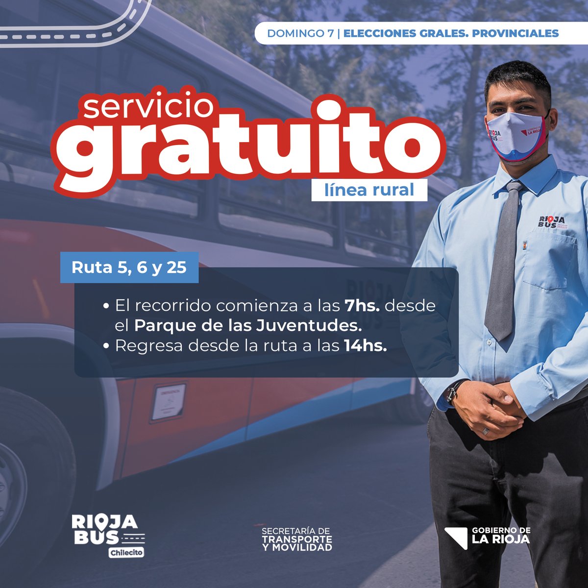 rioja_bus's tweet photo. ¡Atención usuarios y usuarias! 🚌

👉🏻Las líneas rurales 5, 6 y 25 también funcionarán de manera gratis este domingo.

📣El recorrido comenzará a las 7 de la mañana desde el Parque de las Juventudes, y el regreso será a partir de las 14 horas. https://t.co/fbRnPUfFyD