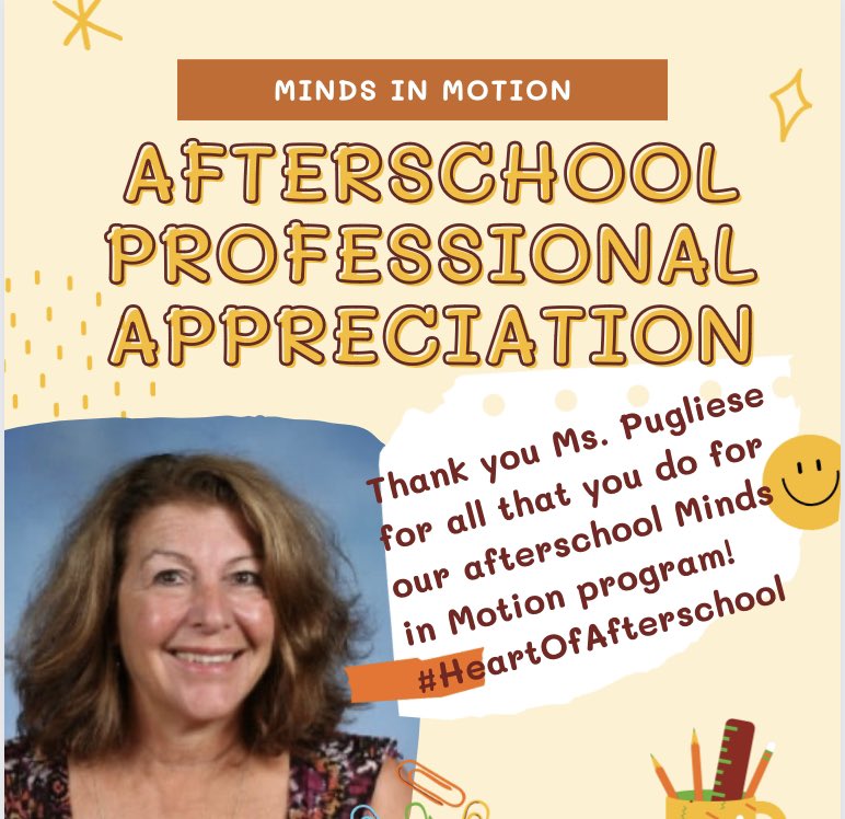 Thank you to Ms Pugliese for all the work and love she puts into our Minds in Motion program! @cliftonschools @cliftonsupt #OneClifton #heartofafterschool