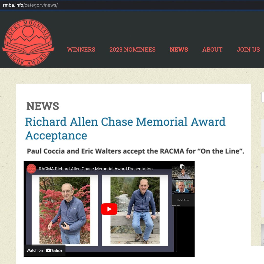 pauljcoccia's tweet photo. @RockyMtnBkAward website has the fabulous @Mrsdimnik with @EricRWalters and I with the recording of our presentation for the Richard Allen Chase Memorial Award. It is an honor to continue Richard's love of books, their creators, and, especially, readers. https://t.co/KKhnlrnhxc
