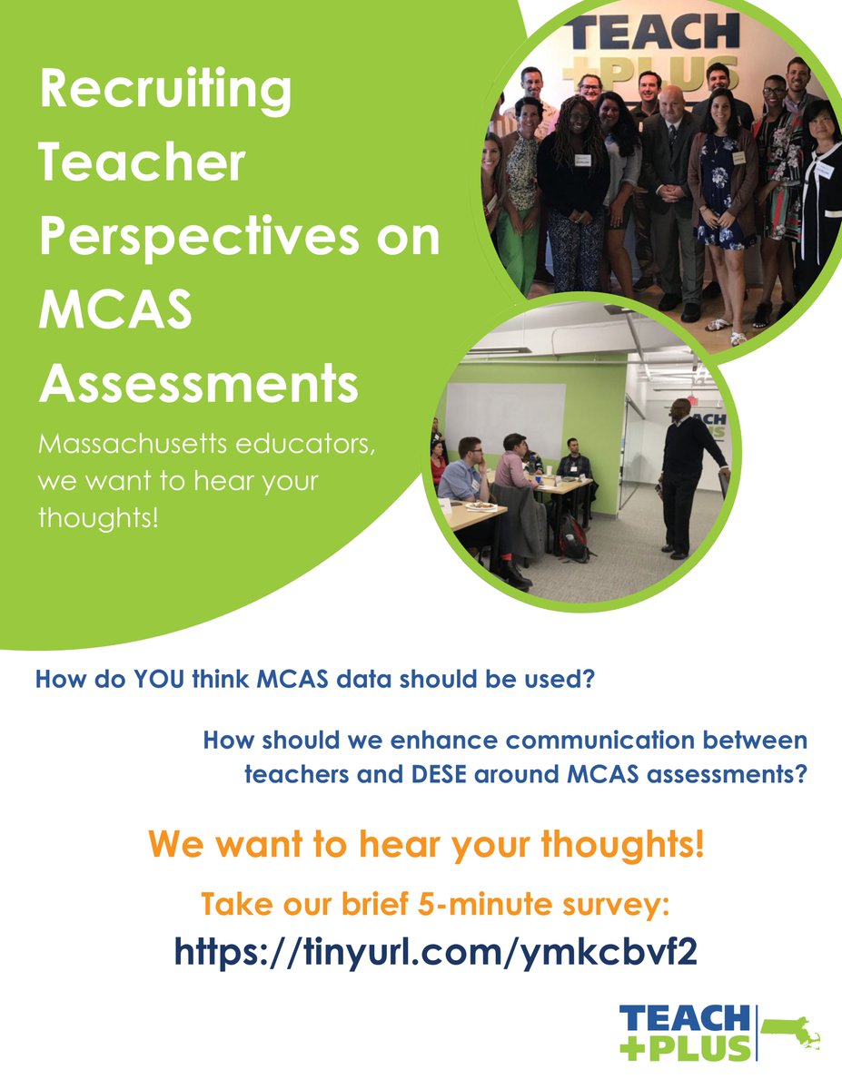 Teach Plus MA Policy Fellows are conducting research on teachers’ perspectives on MCAS assessments and would love to include your thoughts. We invite you to share your input in this short, 5-minute survey. Your input will help us lift up educator voice! survey.alchemer.com/s3/7306922/MA-…