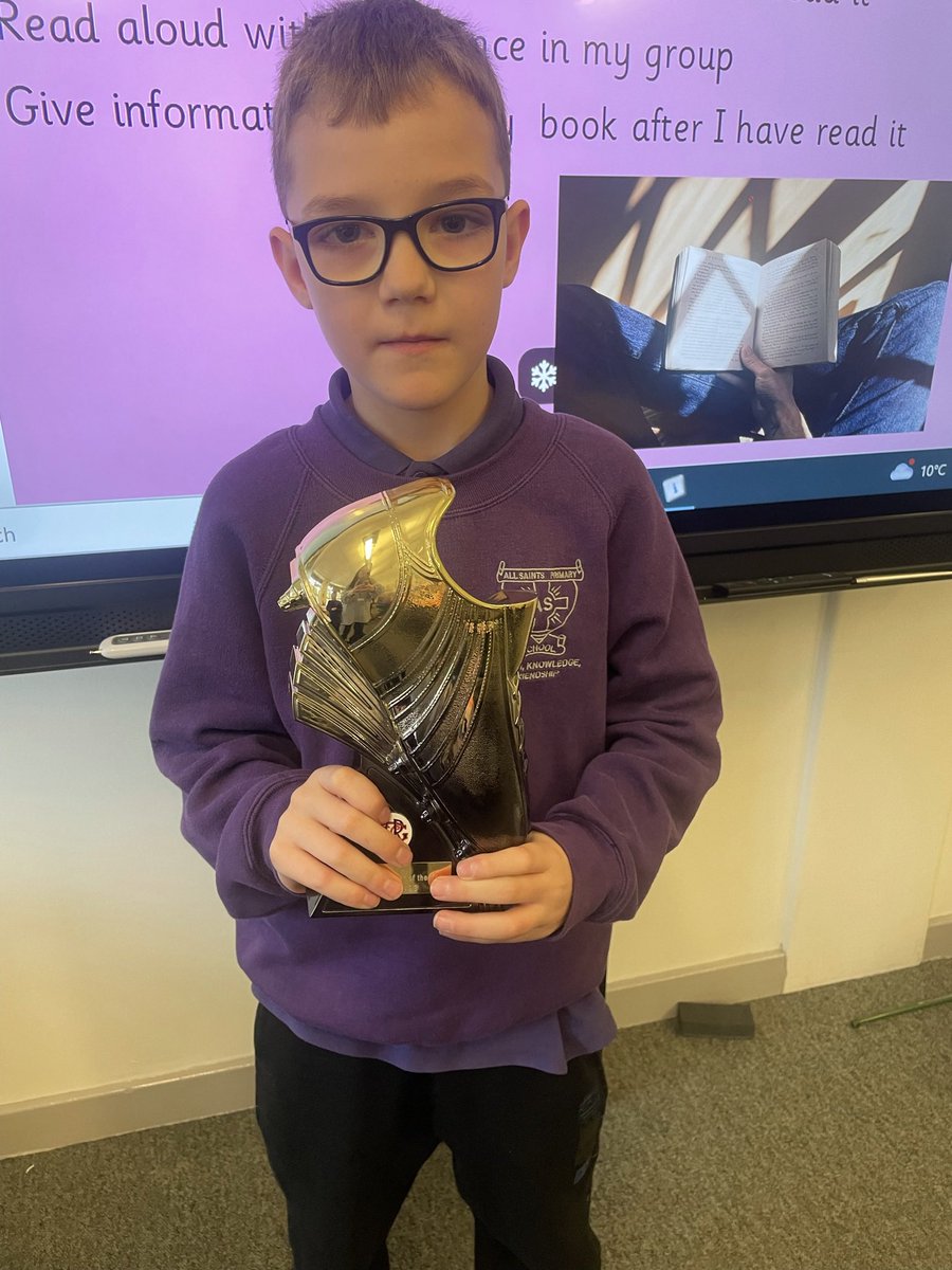 missmcdade_'s tweet photo. This All Saints Star won player of the year for his rugby team and brought his trophy in to show us all! ⭐️ https://t.co/PdczKhhTfw