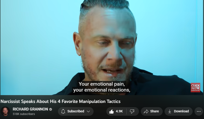 103,480 views  Premiered on 21 Mar 2023  DUBAI
Prepare to be shocked and enlightened as you bear witness to a firsthand account from a "Narcissist".

Unveiled in this video are the top 4 manipulation tactics this individual uses on his victims.
Brace yourself for a riveting and eye-opening exposé that will leave you spellbound till the very end. Don't miss out on the chance to learn from the source and gain insights into the mind of a true manipulator.

Watch now and be empowered with the knowledge to protect yourself from those who seek to control and dominate.
▬
🔴 New Course: Unplug From The Matrix Of Narcissism:
 https://www.richardgrannon.com/unplug...
▬
▬▬▬▬▬▬▬▬▬▬▬
🔴 Break The Trauma Bond:
https://www.spartanlifecoach.com/Brea...
▬▬▬▬▬▬▬▬▬▬▬
Timestamps:
00:00 | Silent Treatment to instill dread
01:04 | Triangulation to drive paranoia 
02:19 | Gaslighting to control reality
03:42 | Reactive Abuse to soften boundaries
06:28 | Passive Agression to keep them on their toes
07:55 | IN