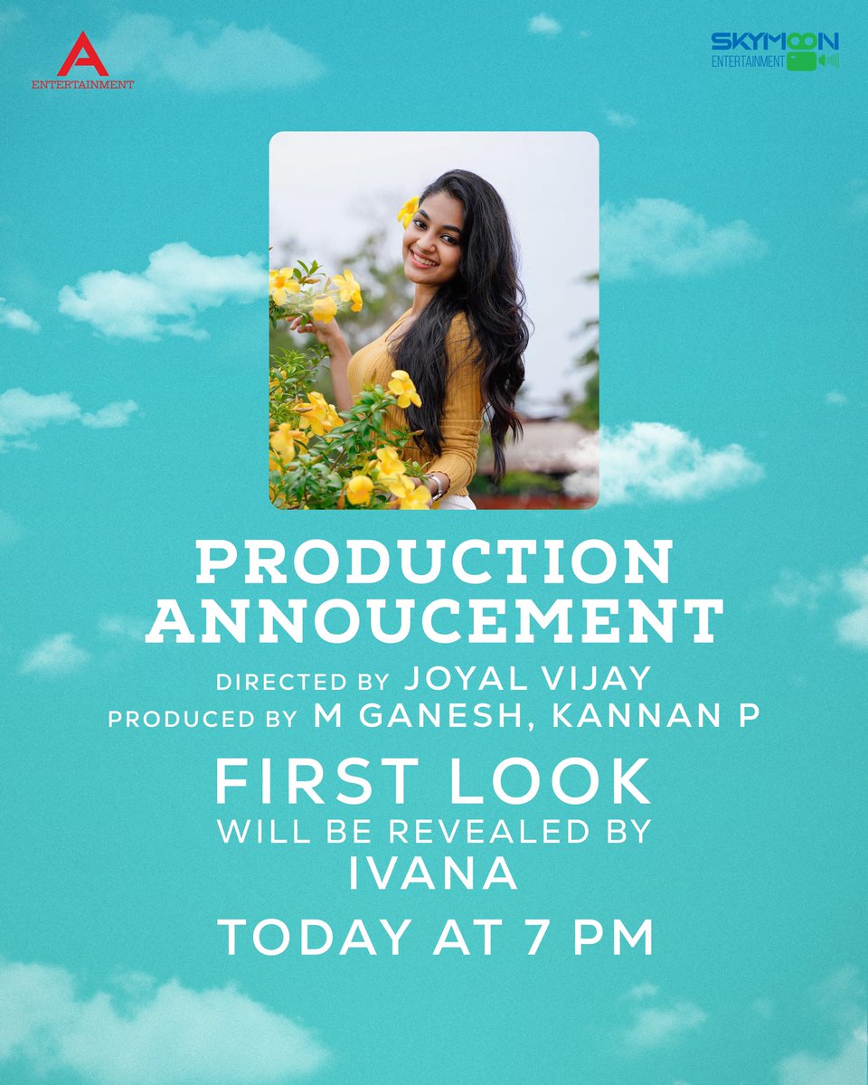 Officially my next 🎬 The first look of #SkyMoonEntertainment and #AEntertainment's Production film will be revealed by Actor @iamharishkalyan & Actress @i__ivana_ today at 7 PM. #MGanesh #KannanP @joyalvijay_dir @arunprajeethm