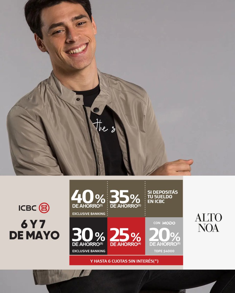 AltoNOAShopping's tweet photo. Este 6 y 7 de Mayo disfruta de distintos descuentos con ICBC ❤️  Compra tus prendas favoritas en las mejores marcas 🎁 ¿A qué local venís primero?⚡️  Más info en: https://t.co/hLHfA9tbeA https://t.co/aQP2dnSnxA