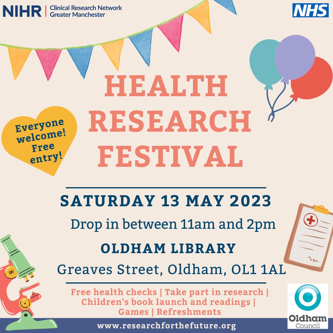 We're on the countdown to our Health Research Festival at Oldham Library on 13 May! 🎈🔍 If you're a health or care organisation interested in being a 'stallholder' or delivering a study on the day, please contact us by the end of 9 May. ⌨️researchsupport.crngm@nihr.ac.uk