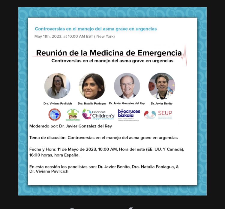 ❗️Reunión de la Medicina de Emergencias sobre “Controversias en el manejo del asma grave en urgencias”

🎤 Dr. Javier Benito, Dra. Natalia Paniagua, Dr. Javier González del Rey y Dra. Viviana Pavlicich

🗓️Jueves 11 de mayo a las 16:00

👉 Apúntate en conference.globalcastmd.com/controversias-…