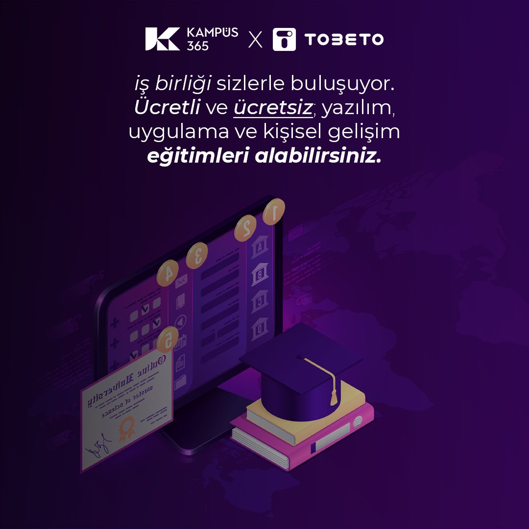 Kampüs365 &amp; TOBETO iş birliği sizlerle buluşuyor. Ücretli ve ücretsiz; yazılım, uygulama ve kişisel gelişim eğitimleri alabilirsiniz.

tobeto.com

#Kampüs365 #Webinar #Sınıf365 #SanalSınıf #virtualclassroom #EEğitim #EÖğrenme #ELearning #ELearn #EDers #UzaktanEğitim