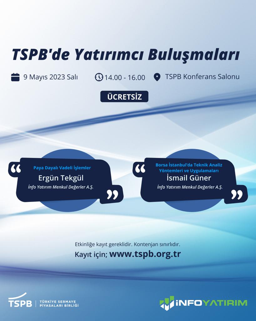 TSPB’de Yatırımcı Buluşmaları’nın yedincisi; 9 Mayıs Salı günü saat 14.00 - 16.00 arasında fiziki olarak TSPB @tspborgtr Konferans Salonu’nda gerçekleşecek, aynı zamanda TSPB YouTube kanalından canlı yayınlanacaktır. Yatırım Danışmanlığı Müdürümüz İsmail Güner @ismaillguner ,…