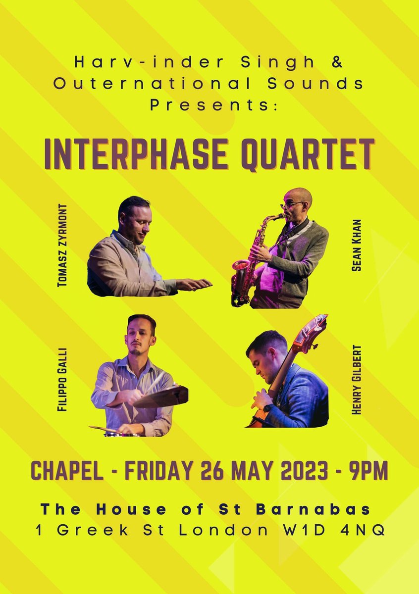Next special gig ahead💥 Friday 26th May <a href="/HoStBarnabas/">House of St Barnabas</a> in Soho. We will be kicking off our favourite Herbie’s tunes and Interphase Quartet’s original music!  hosb.org.uk/whats-on/ 

<a href="/SeanKhanJazz/">Sean Khan</a> <a href="/TomaszZyrmont/">Tomasz Zyrmont</a> <a href="/harv0510/">Harv-inder Singh</a> <a href="/PLInst_London/">Polish Cultural Institute in London</a> #groove #band #dj #jazz #nightout #concert