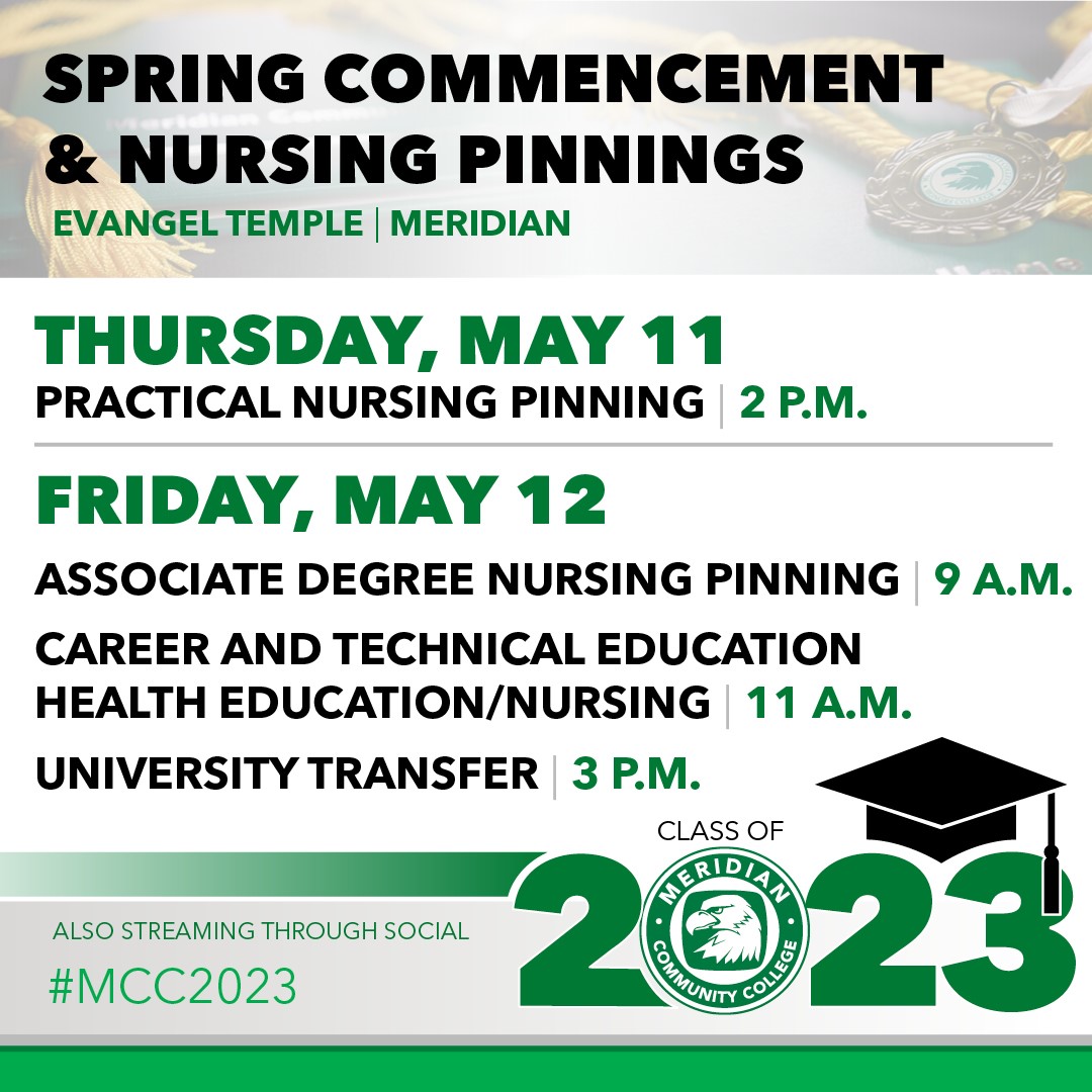 MCCEagles's tweet photo. SPRING COMMENCEMENT & PINNING CEREMONIES. Meridian Community College is thrilled to honor our 2023 Spring Graduates. The commencements and pinning's will take place at Evangel Temple.
#MccEagles #FindYourWings #Mcc2023 #MccGrads #SpringCommencement #SpringPinning https://t.co/fIC5APaEQQ